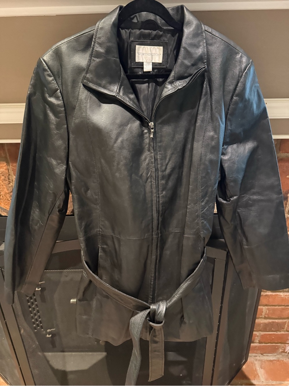 VTG Y2K Worthington Genuine Leather Zip Mid-Length Coat Belted XL